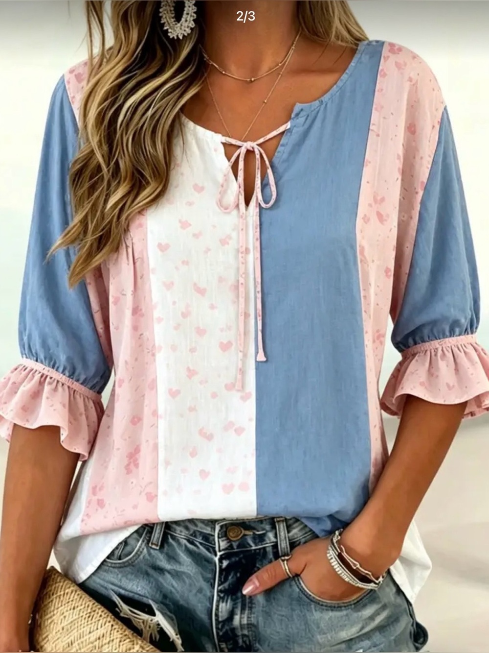 Tie-Neck Colorblock Ruffle Sleeve Blouse - Pink & Blue